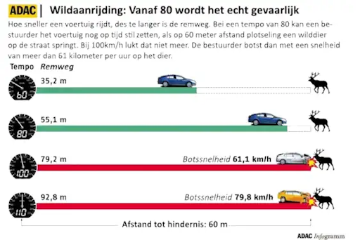Afbeelding: Gevolg snelheid op kans en impact aanrijding. Bron: ADAC vertaald KcR