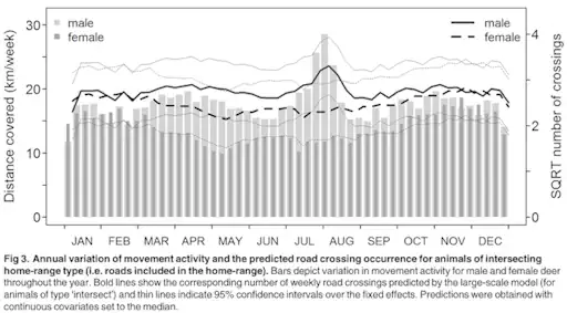 Afbeelding: Grafiek met temporele patronen in wildaanrijdingen