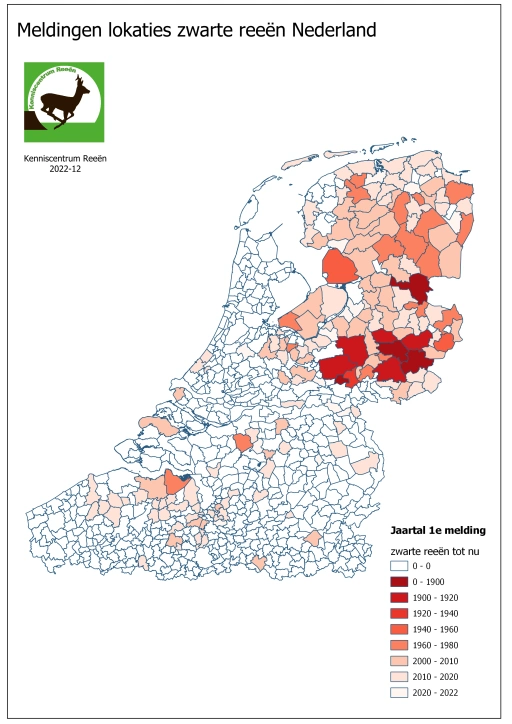 Kaart: Meldingen zwarte reeën Nederland tot en met 2022