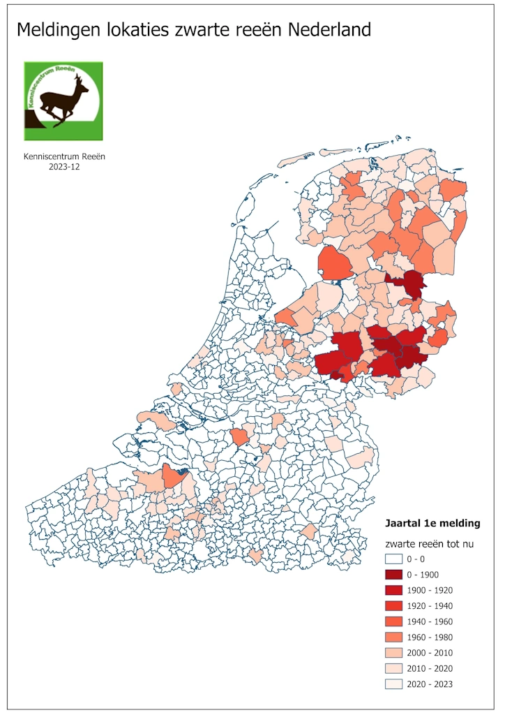 Kaart: Meldingen zwarte reeën Nederland tot en met 2023