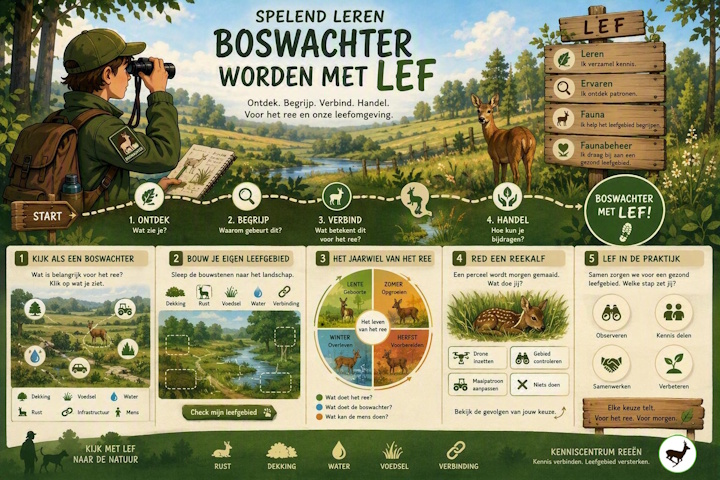 Poster: Spelend leren boswachter worden met LEF; bron: Kenniscentrum Reeën 2026